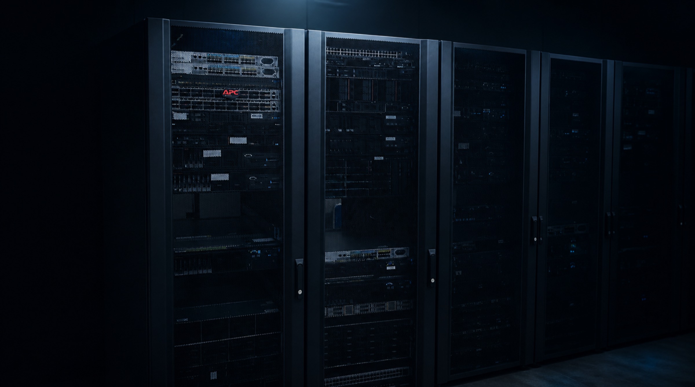Racks de servidores com APC vermelho visível, equipamentos enterprise no datacenter Infotécnica