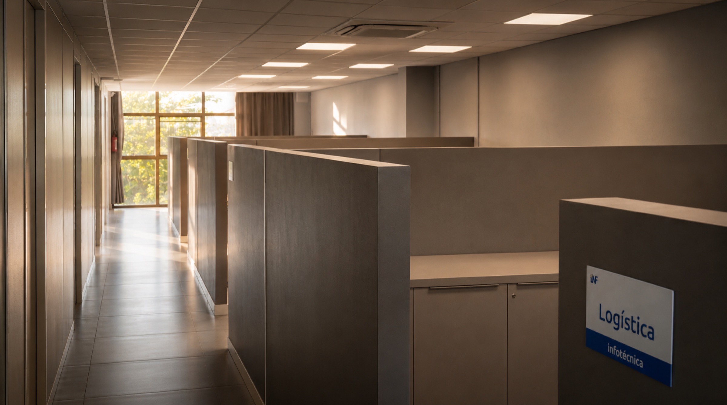 Escritório interno da Infotécnica com placa Logística e cubicles — equipe N1 e N2 in-house