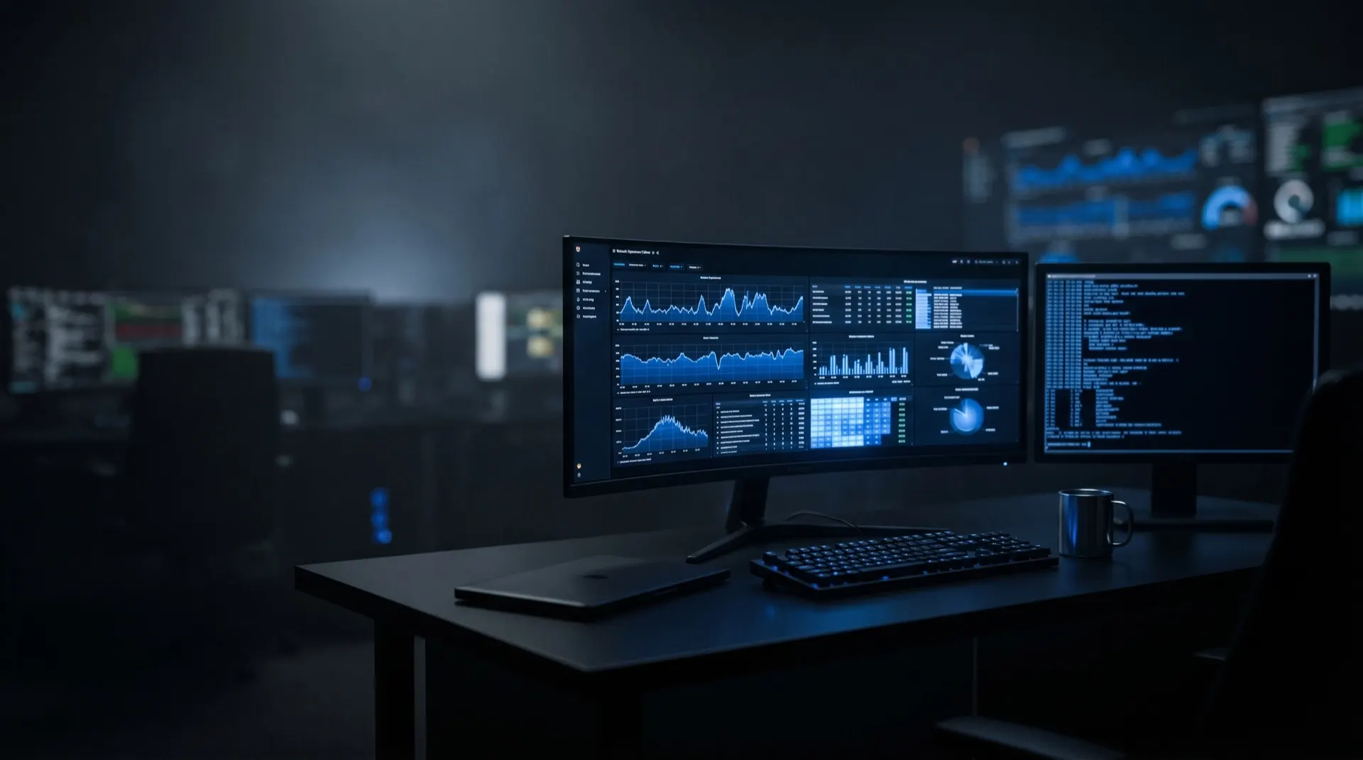 Estação de trabalho do NOC com dashboards de monitoramento em tempo real