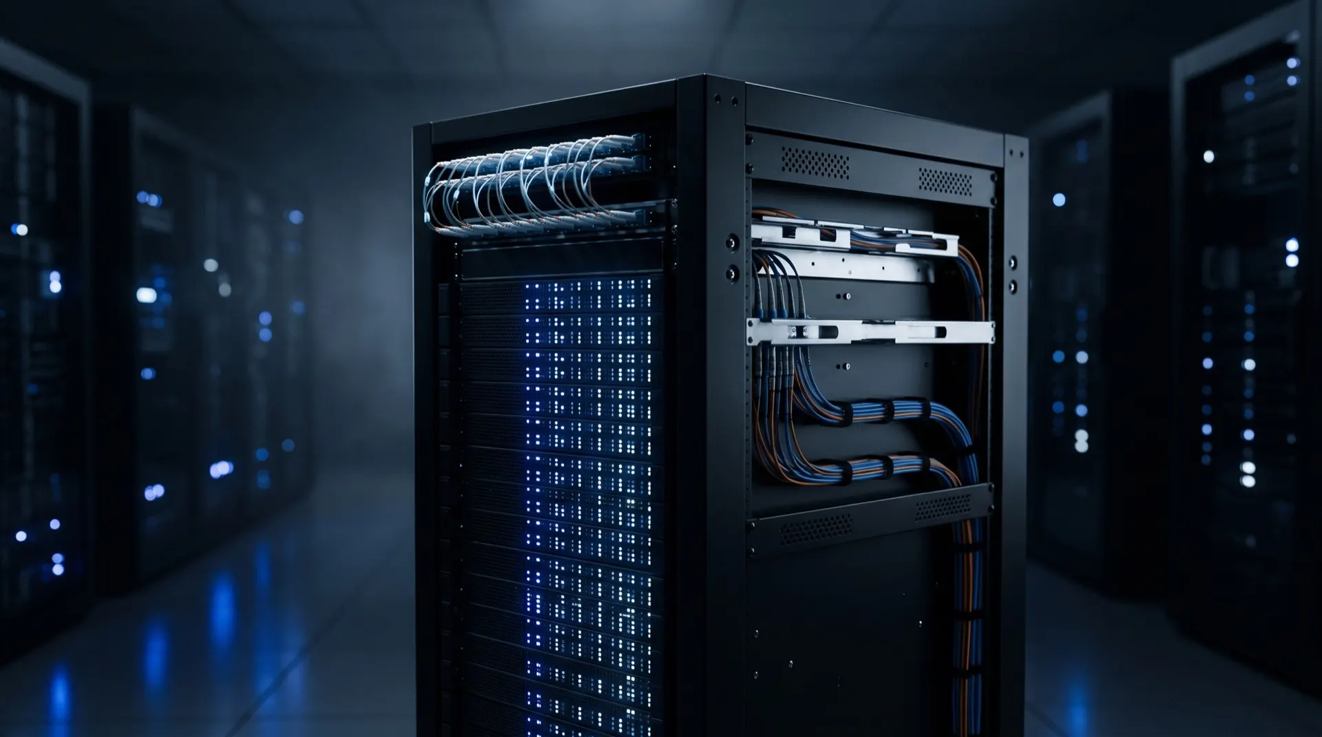 Rack de servidor empresarial com indicadores LED e gerenciamento de cabos